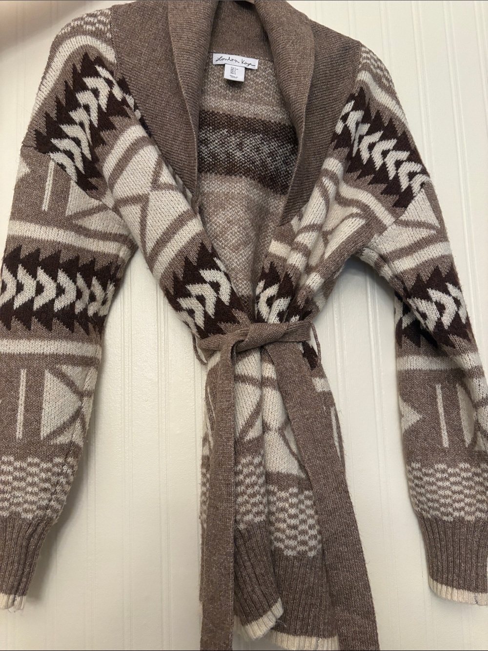 London Kaye Shawl Collar Patterned Cardigan Sweater - Brown/Cream - Picture 3 of 5